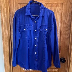 Trendy boutique Cobalt Blue Distressed Button-Up shirt Jacket